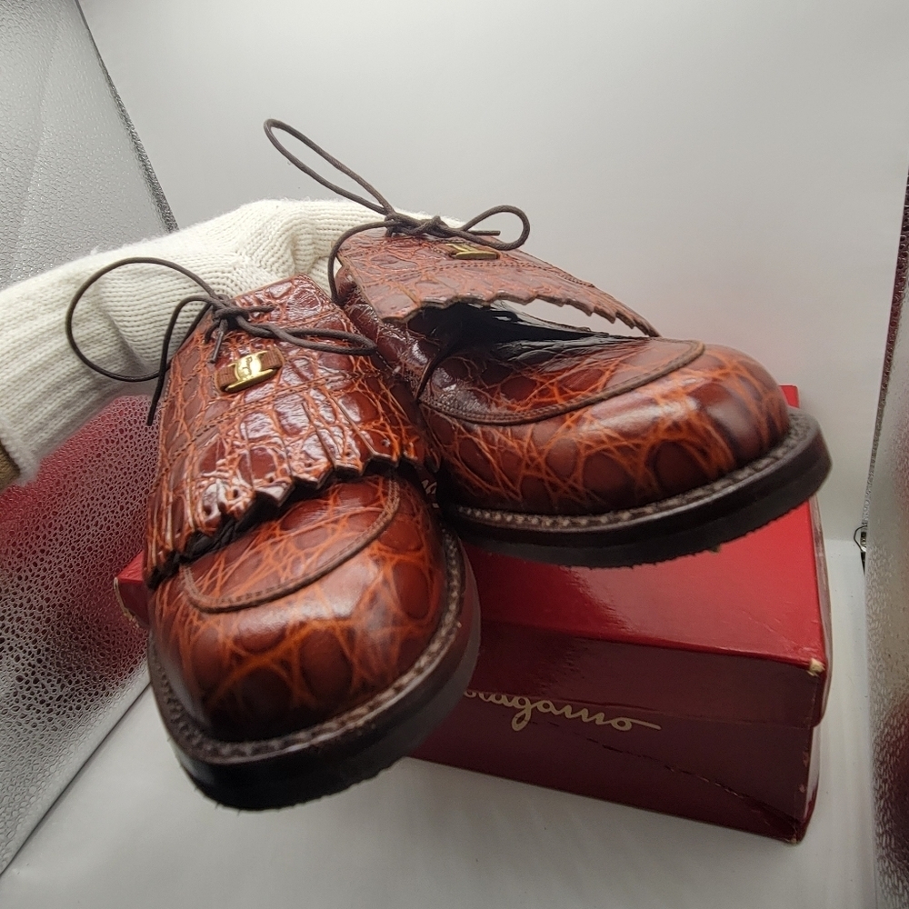 Authentic SALVATORE FERRAGAMO Brown Leather Alligator Golf Shoes Kilts 9 AA BOX - Picture 6 of 13